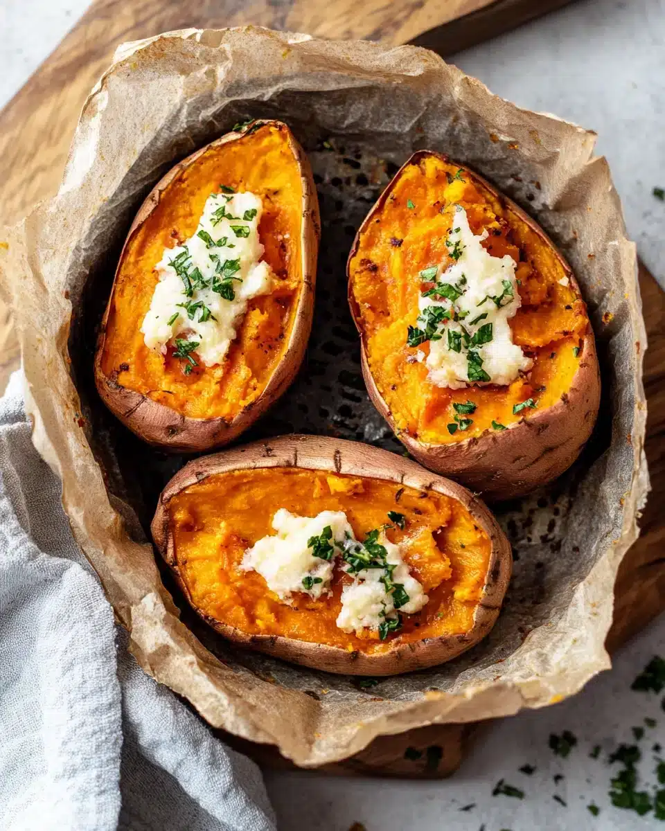 Delicious Air Fryer Baked Sweet Potatoes with fluffy interior.