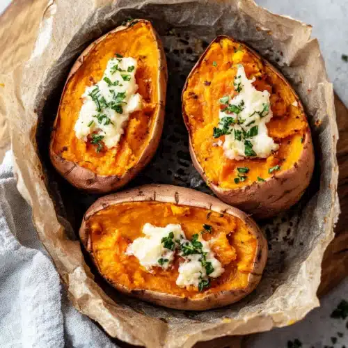 Delicious Air Fryer Baked Sweet Potatoes with fluffy interior.
