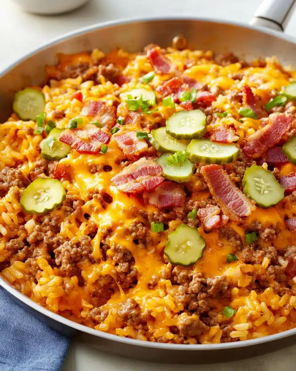 Bacon Cheeseburger Rice Skillet featuring beef, bacon, and cheese