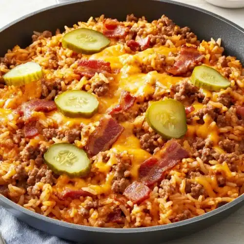Bacon Cheeseburger Rice Skillet with ground beef, bacon, cheese, and rice.
