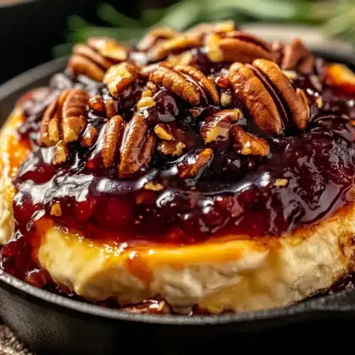 Baked Brie with Fig Jam and Pecans, a warm and inviting appetizer.