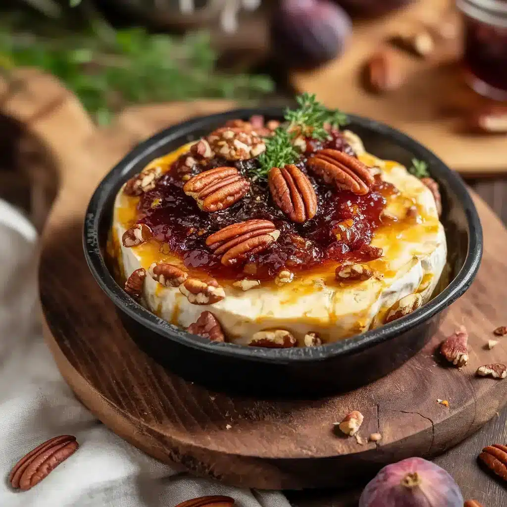 Baked Brie with Fig Jam and Pecans beautifully garnished for an elegant appetizer.