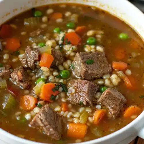 Delicious Beef Barley Soup filled with tender beef and vegetables.