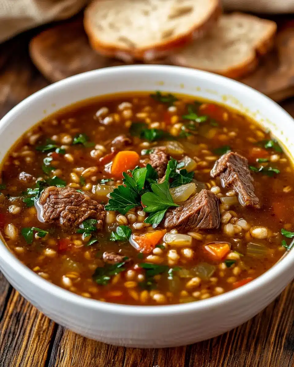 Bowl of Beef Barley Soup with vegetables and beef, perfect for comfort.