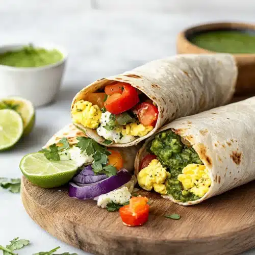 Delicious Breakfast Burritos filled with eggs and fresh vegetables.