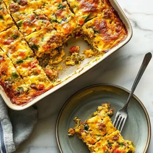 Delicious Breakfast Casserole with sausage and cheese served on a plate.