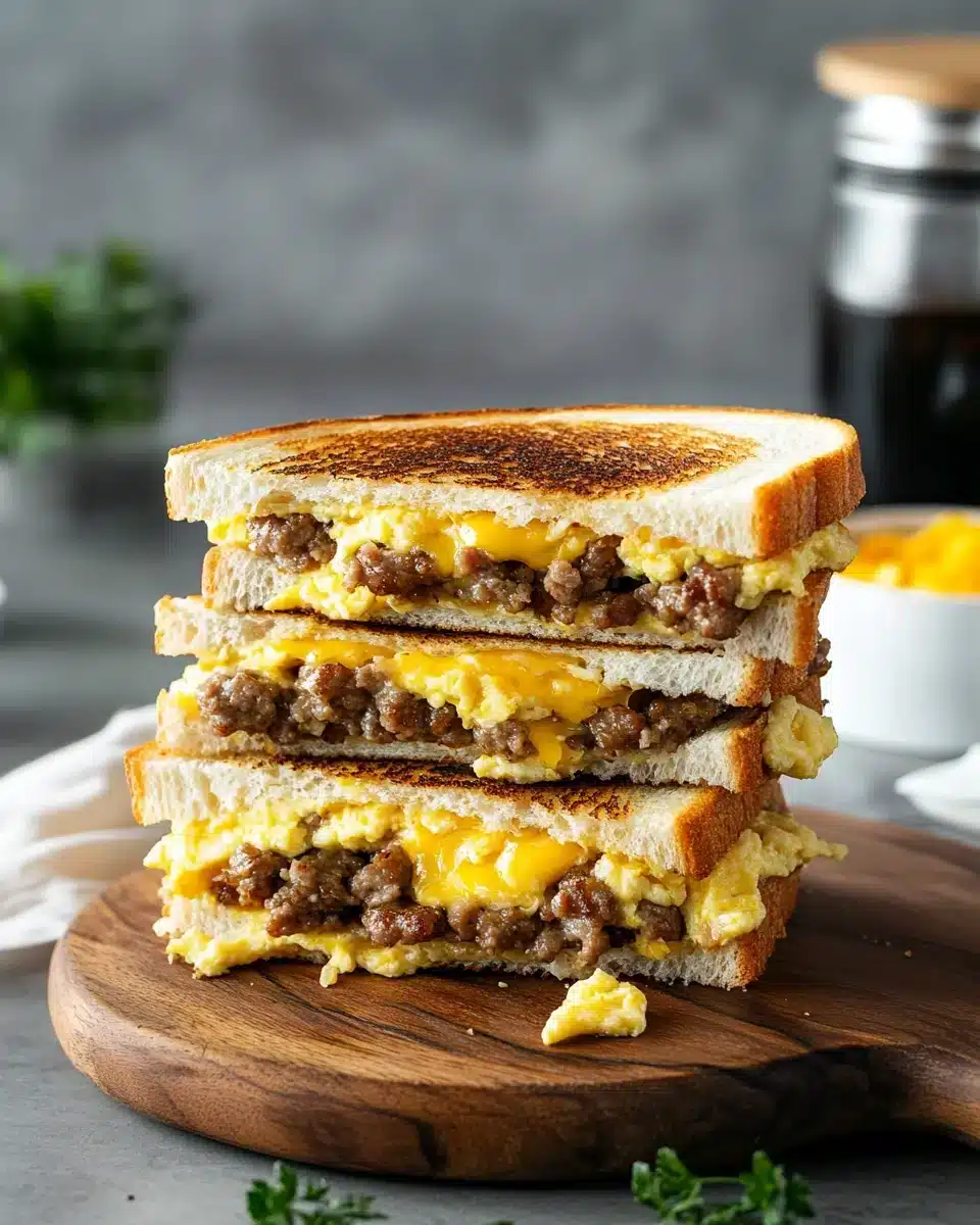Delicious Breakfast Grilled Cheese sandwich stacked high.