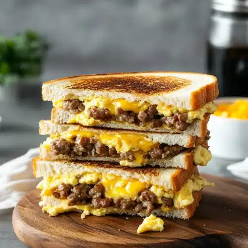 Delicious Breakfast Grilled Cheese sandwich stacked high.