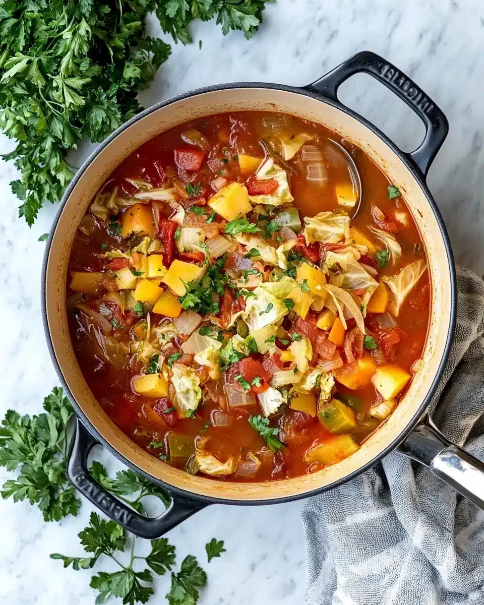 Delicious cabbage soup made with fresh vegetables and lentils, perfect for warm meals.