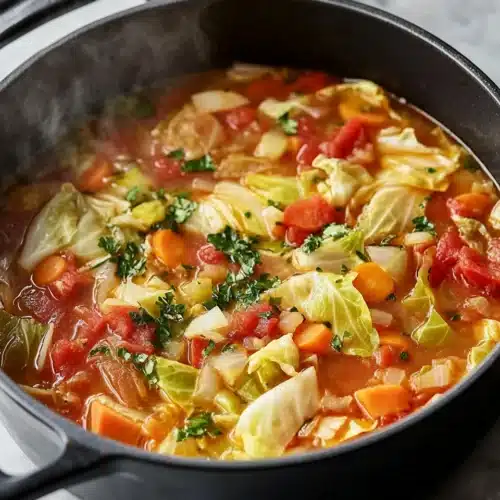 Delicious cabbage soup with rich colors and textures for a cozy meal.