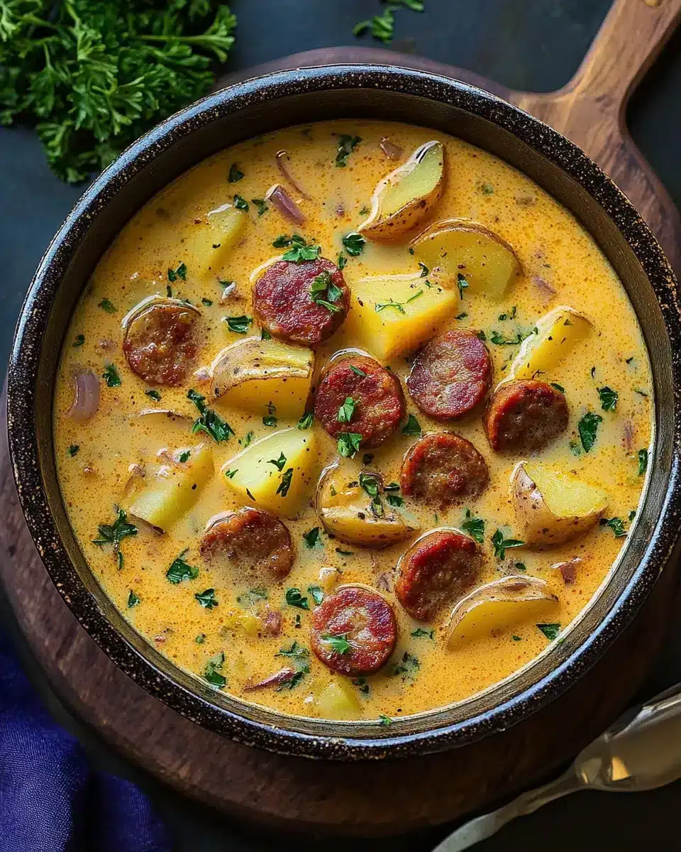 Delicious Cajun Potato Soup with andouille sausage and potatoes.