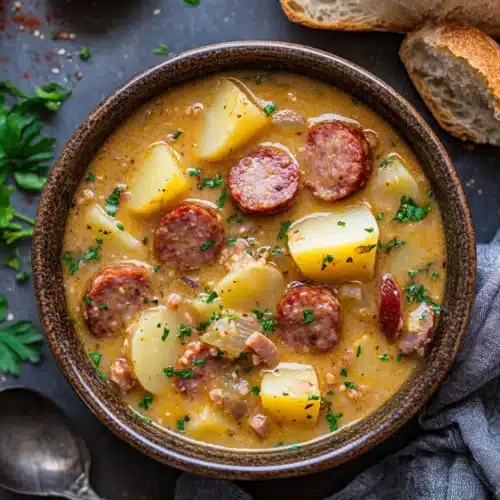 Delicious Cajun Potato Soup with andouille sausage, perfect for chilly evenings.