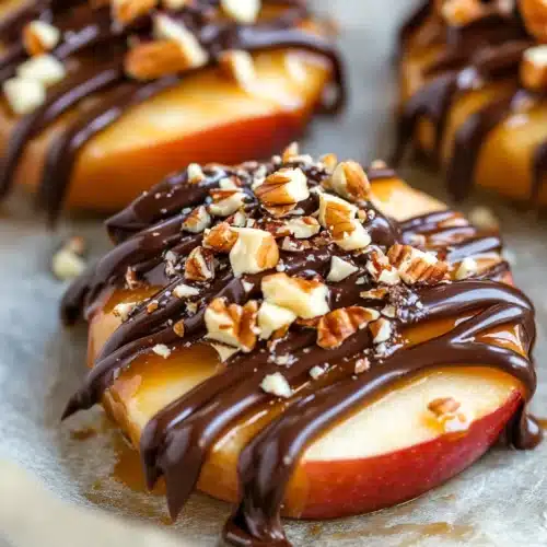 Delicious Caramel Apple Slices topped with nuts and chocolate.
