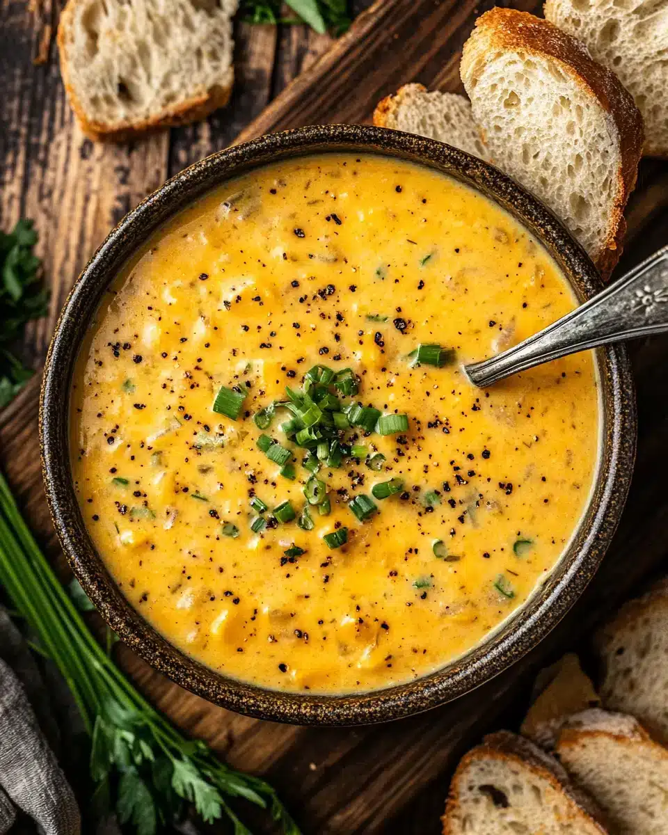 Delicious Cheddar Garlic Herb Potato Soup garnished with green onions.