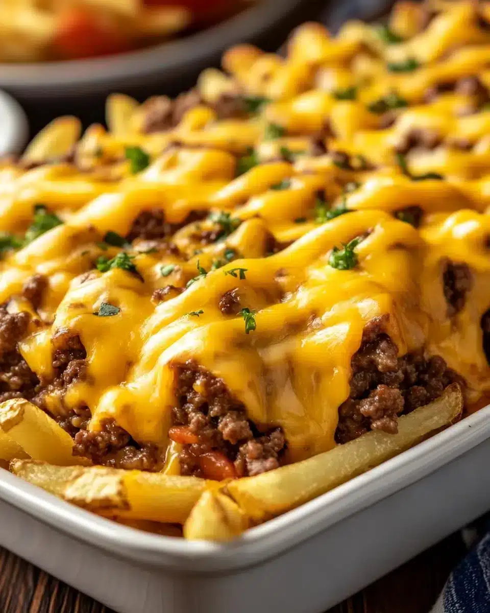 Delicious Cheeseburger French Fry Bake with cheese and beef layers.