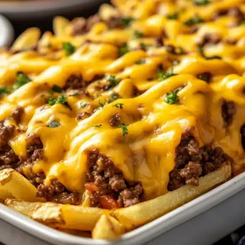 Delicious Cheeseburger French Fry Bake with cheese and beef layers.
