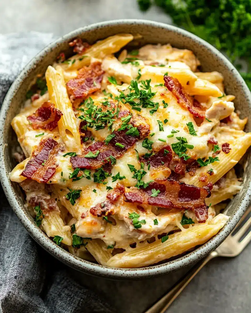 Delicious Chicken Bacon Ranch Casserole with penne pasta and crispy bacon.