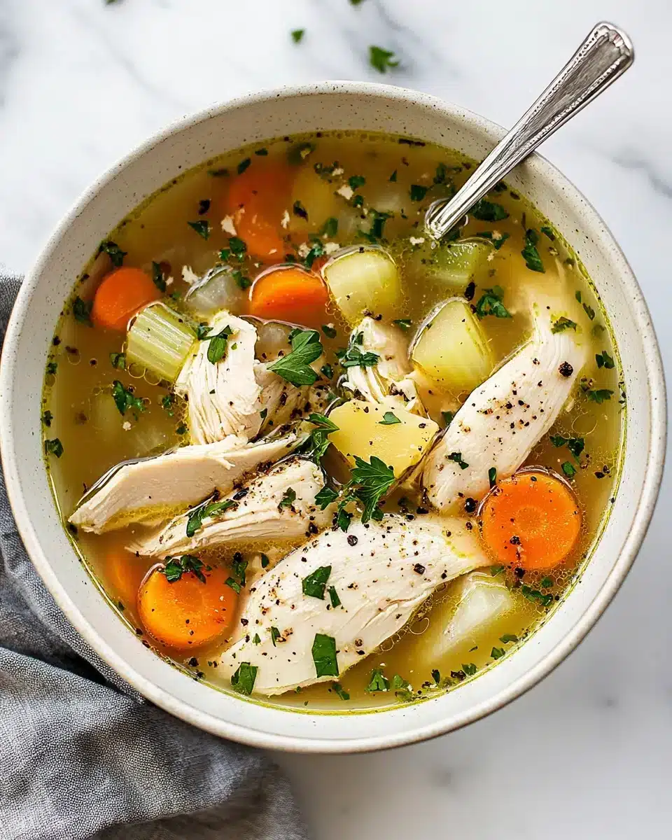Delicious chicken soup with tender chicken and fresh vegetables.