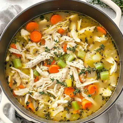 Delicious chicken soup filled with tender chicken and fresh vegetables.