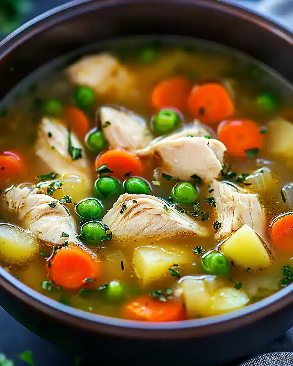 Warm chicken vegetable soup with tender chicken and fresh veggies.