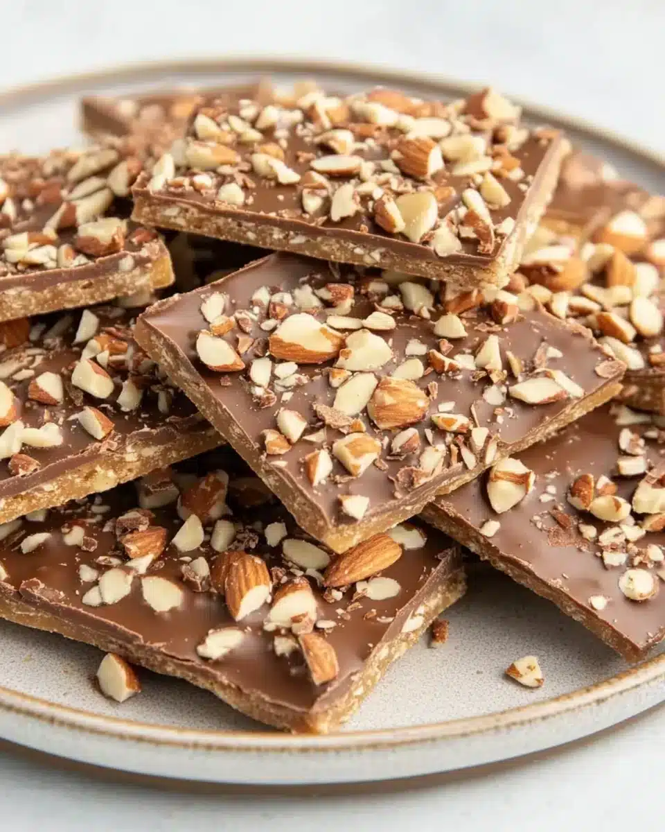 Delicious Christmas Toffee featuring chocolate and almonds.