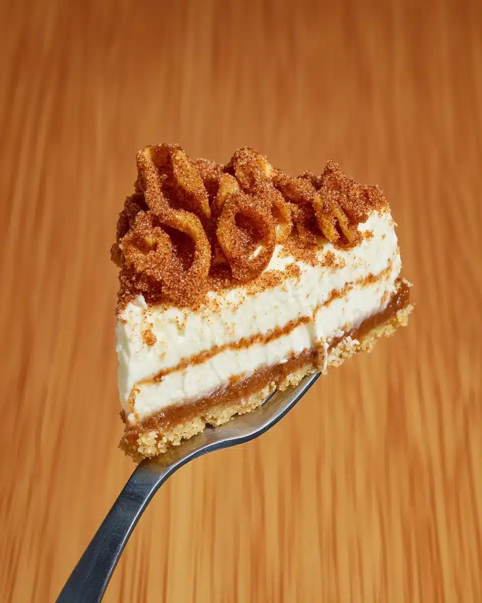 Delicious Churro Cheesecake slice with creamy filling and golden crust.