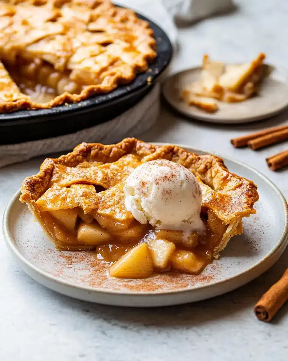 Delicious Cinnamon Apple Pie with a scoop of vanilla ice cream melting on top.