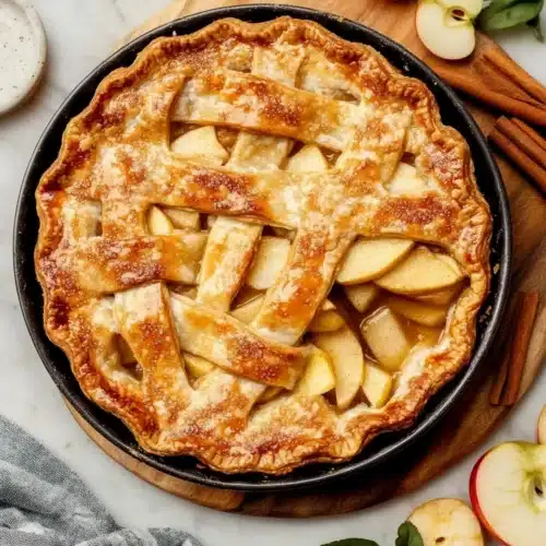 Delicious Cinnamon Apple Pie with visible apple slices and a flaky crust.