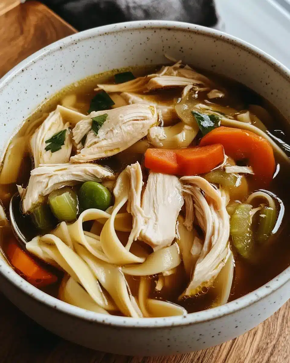 Delicious Classic Ginger Garlic Chicken Noodle Soup in a cozy bowl.