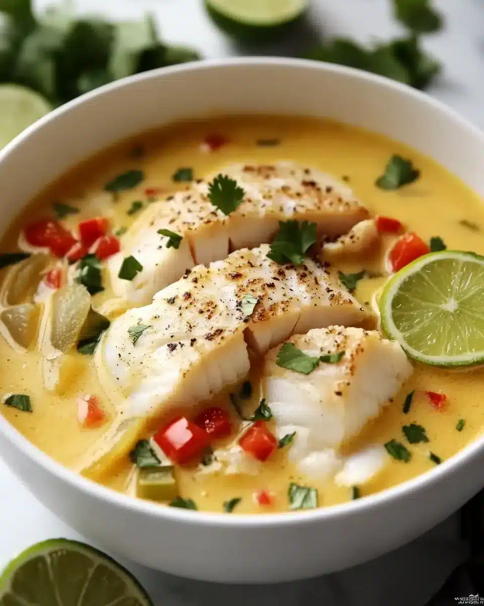 Delicious Coconut Lime Fish Soup in a bowl with cilantro and lime.