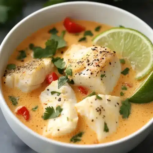 Coconut Lime Fish Soup with fish fillets, lime, and cilantro.