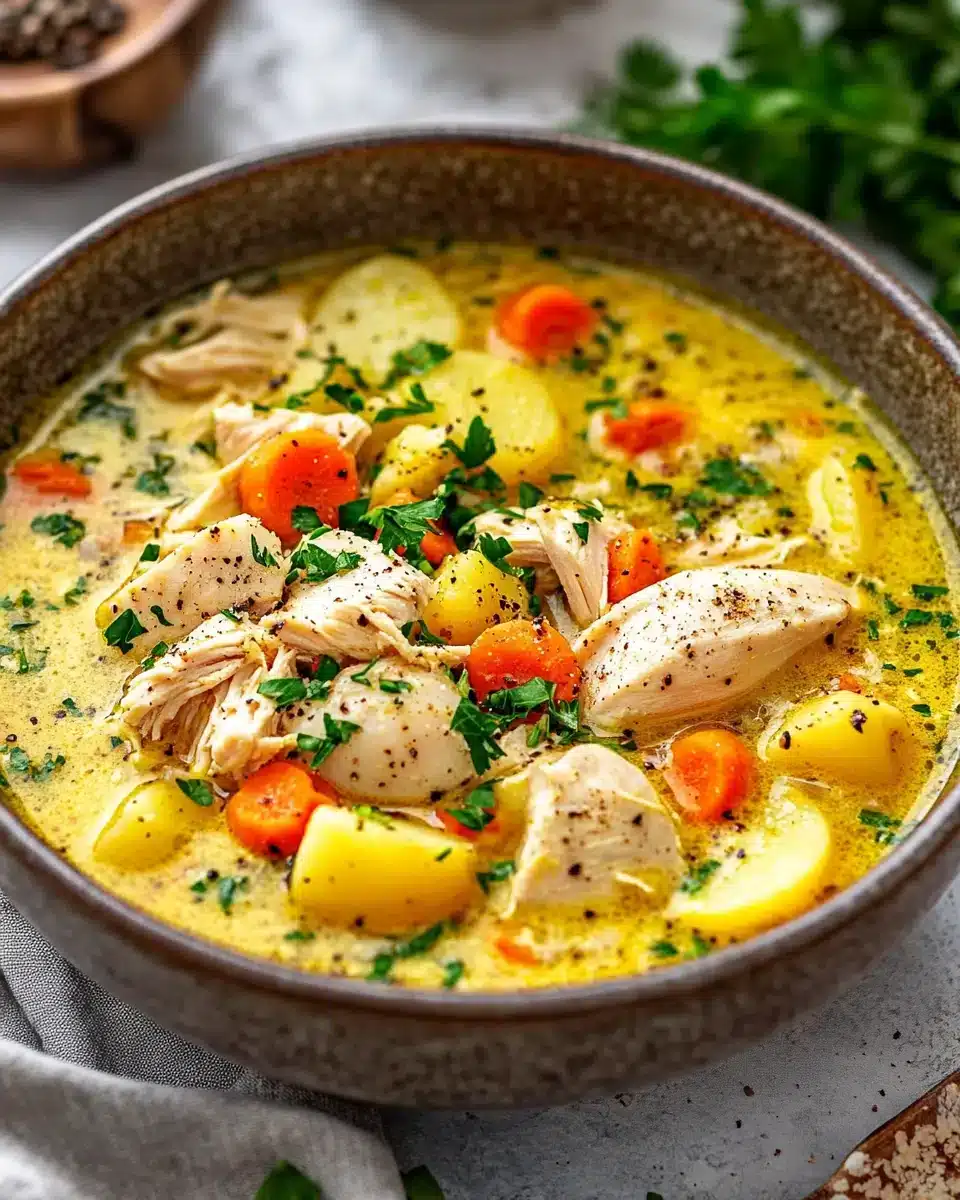 Comforting Chicken Soup with Potatoes in a rustic pot, warm and hearty.