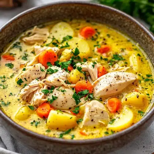 Comforting Chicken Soup with Potatoes in a rustic pot, warm and hearty.