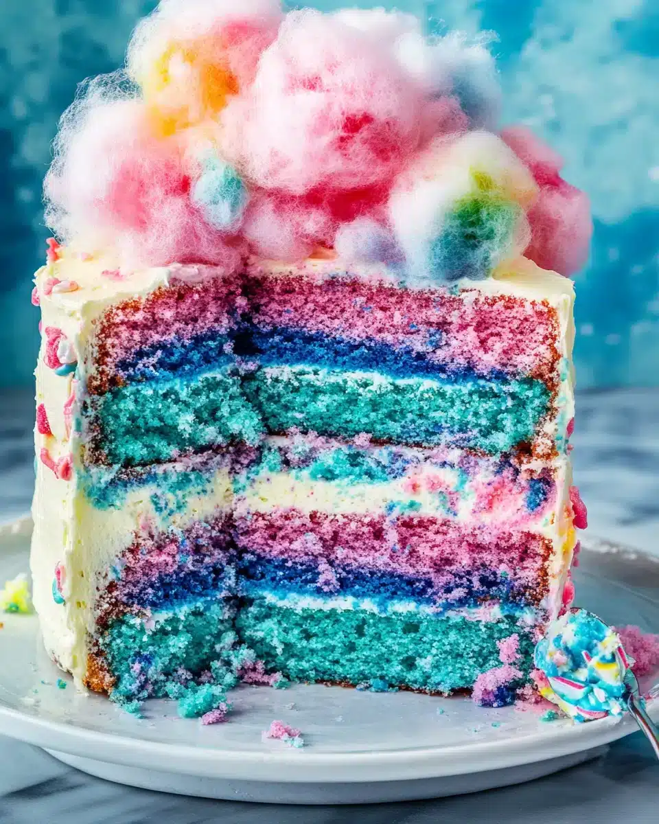 Cotton Candy Cake with vibrant layers and fluffy frosting.