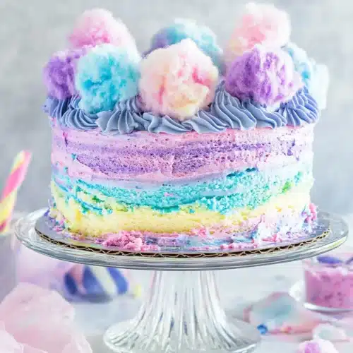 Delicious Cotton Candy Cake with vibrant colors and fluffy toppings.
