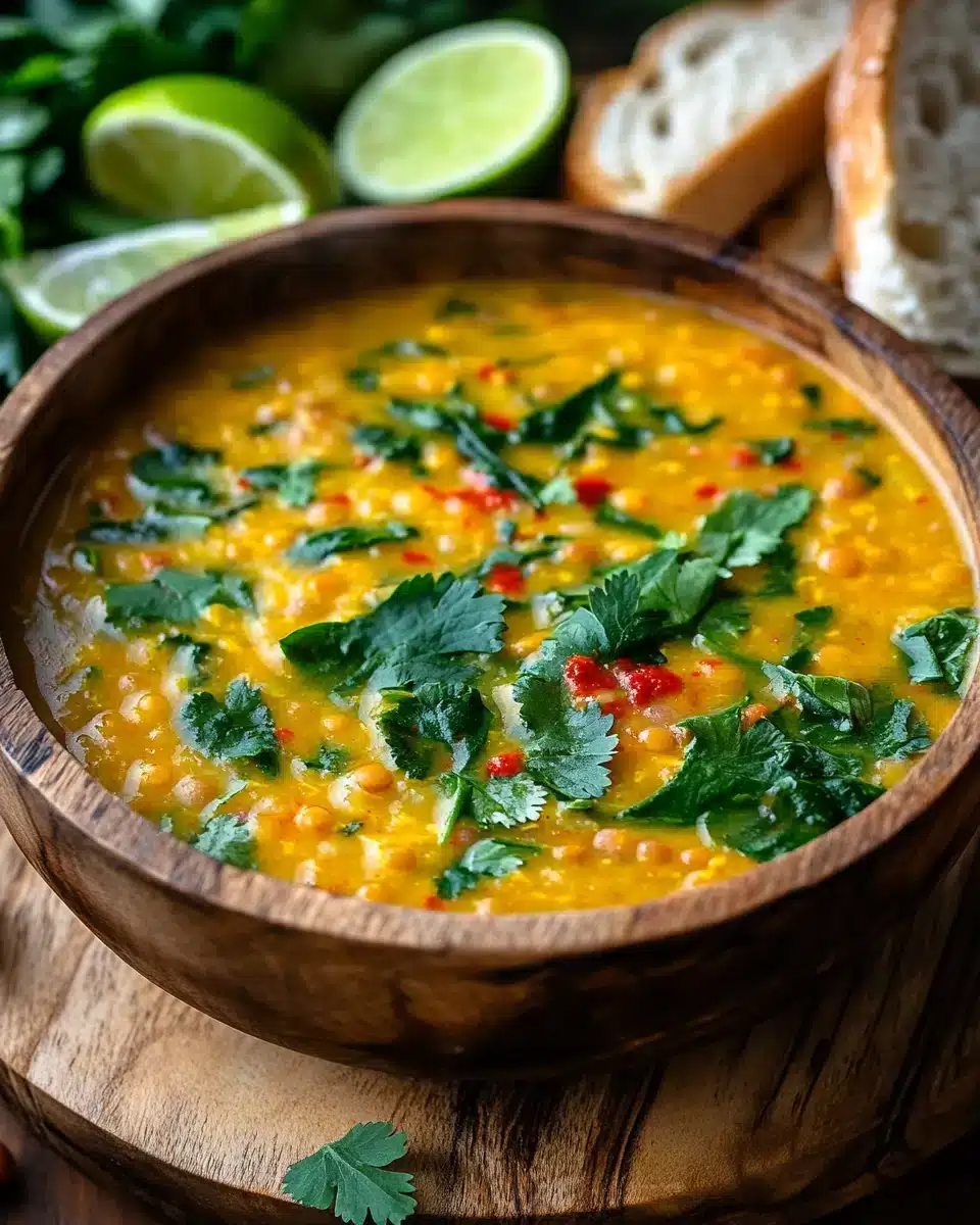 Cozy Up With Thai Coconut Red Lentil Soup in a rustic bowl with garnishes.