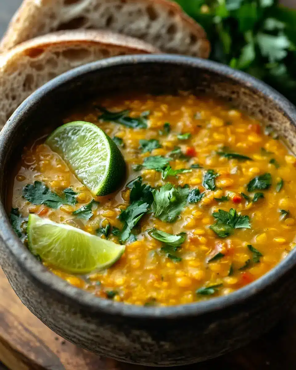 Cozy Up With Thai Coconut Red Lentil Soup in a rustic bowl with garnishes.