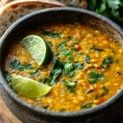 Cozy Up With Thai Coconut Red Lentil Soup in a rustic bowl with garnishes.