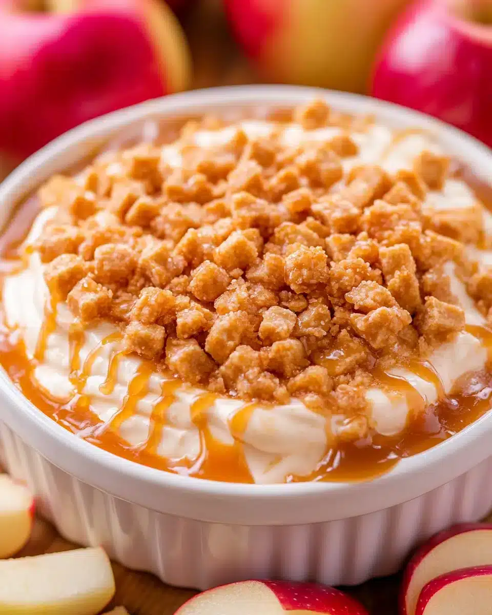 Cream Cheese Caramel Apple Dip Cream Cheese Caramel Apple Dip with apple slices for dipping.