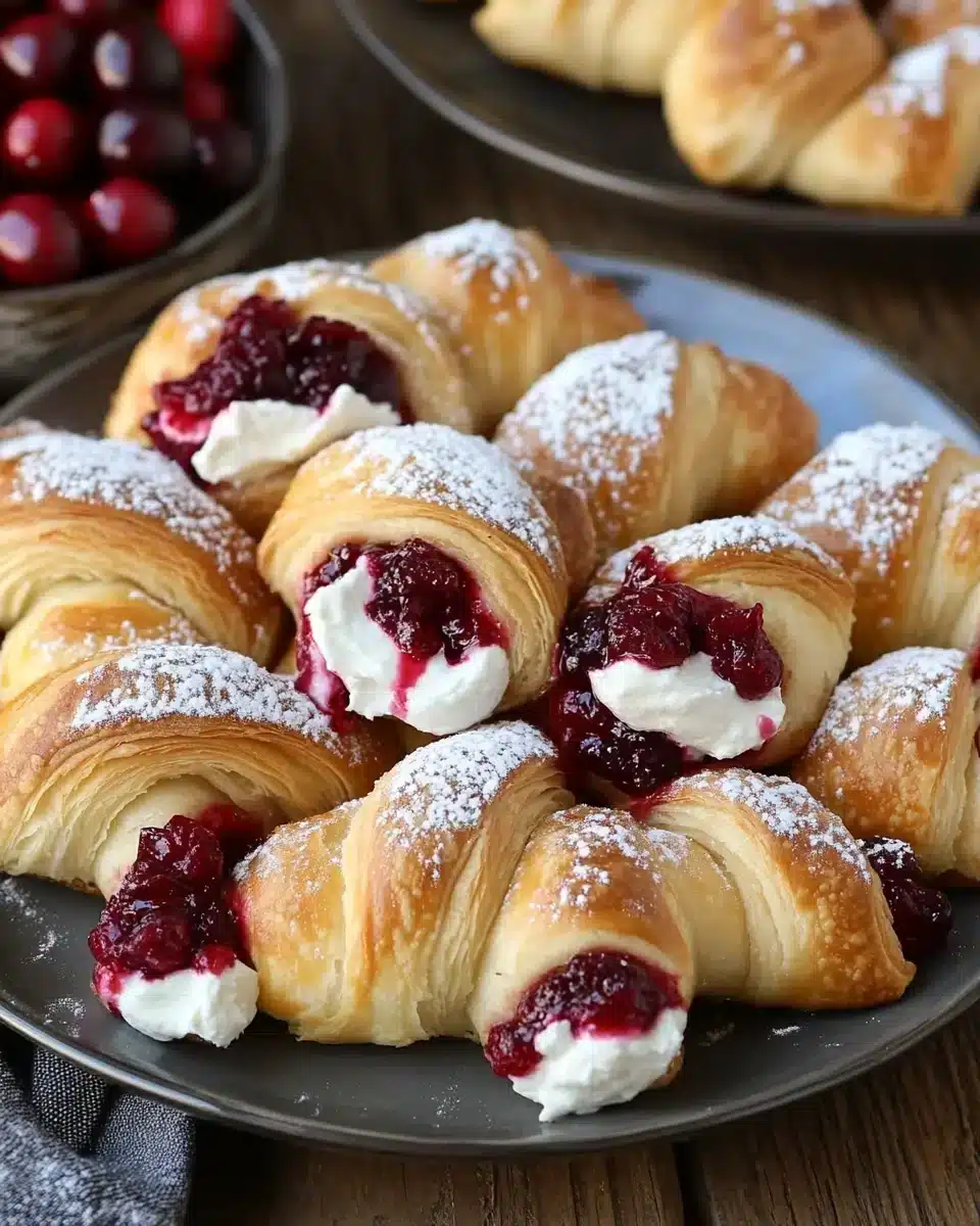 Cream cheese cranberry crescent rolls on a plate, perfect for Thanksgiving.