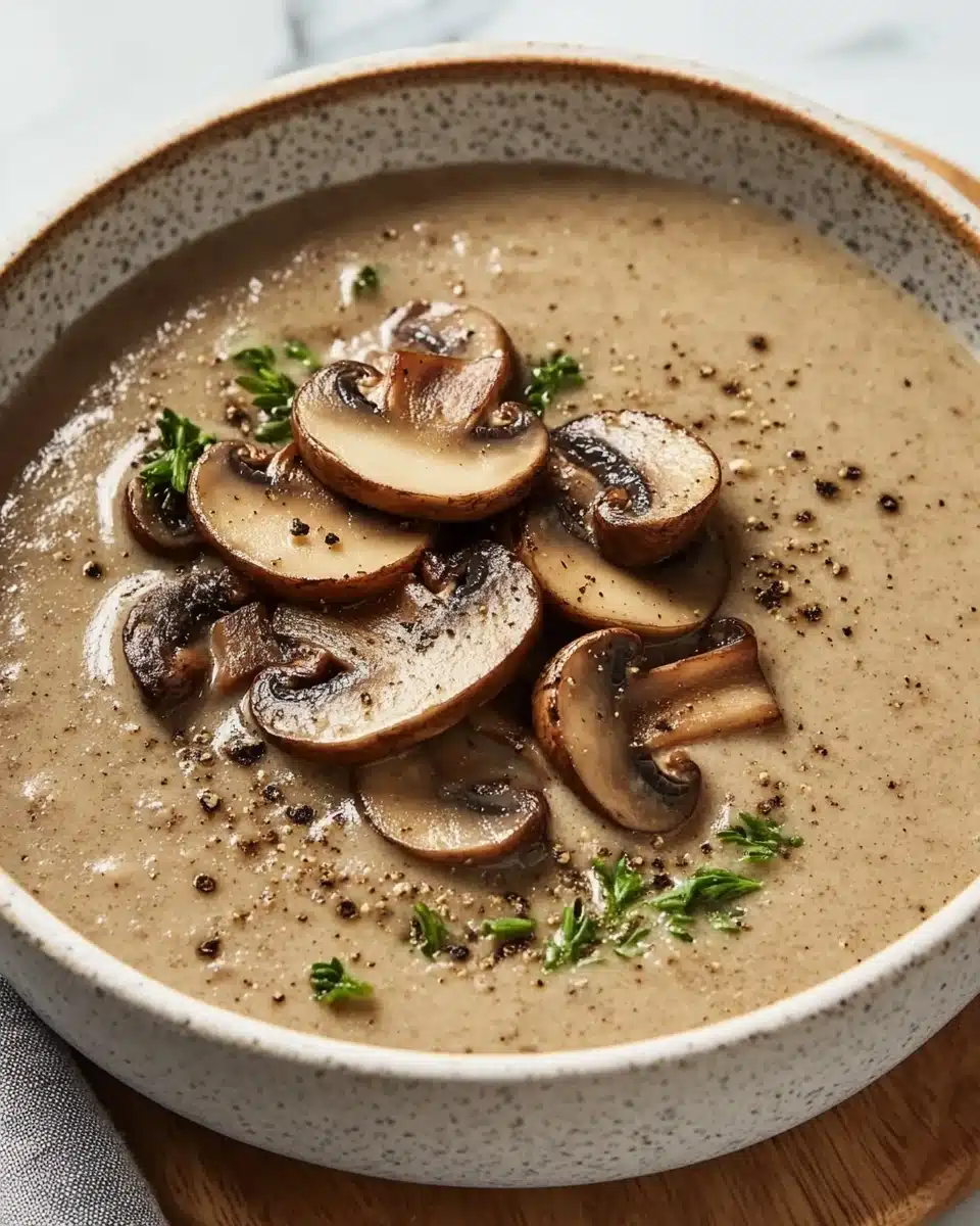 Cream of Mushroom Soup Bowl Delicious Cream of Mushroom Soup with sliced mushrooms on top.