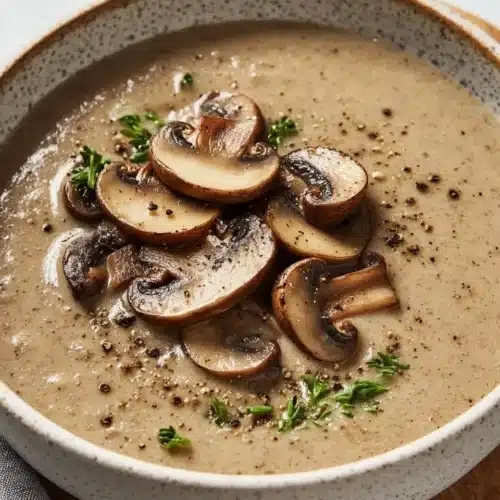 Cream of Mushroom Soup: Best Made From Scratch 1 Delicious Cream of Mushroom Soup with sliced mushrooms on top.