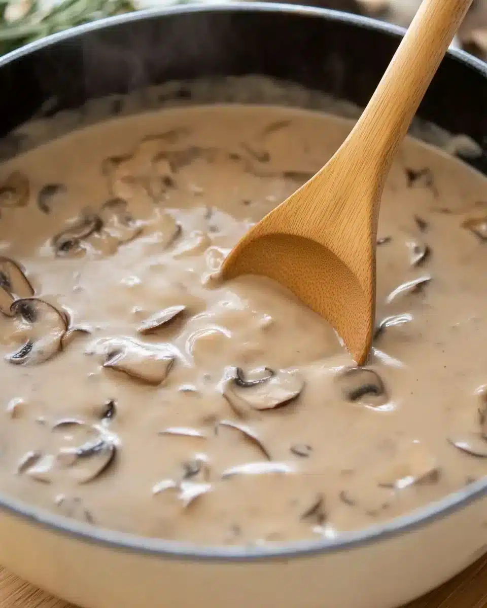 Delicious Cream of Mushroom Soup Cream of Mushroom Soup simmering in a pot with mushrooms.