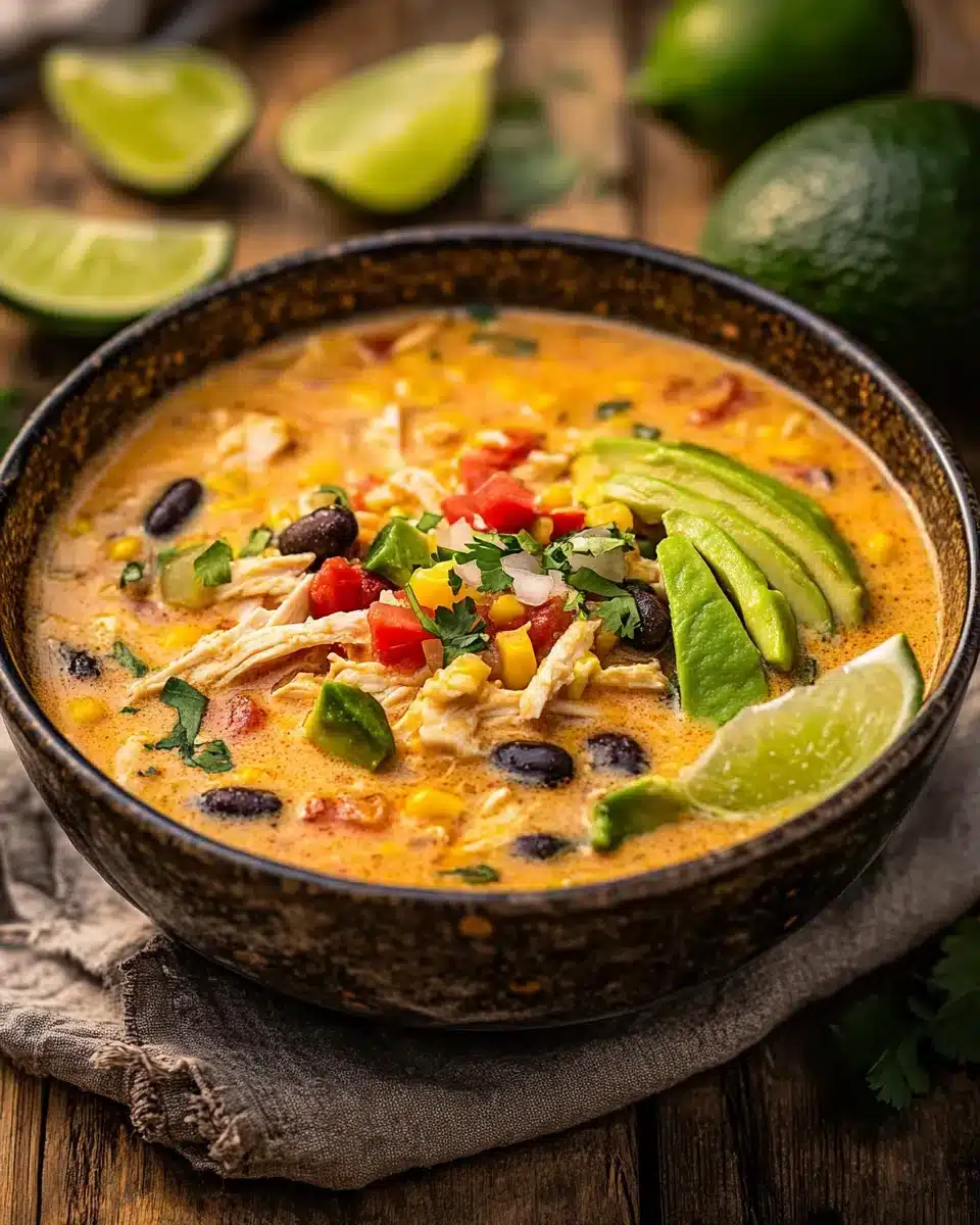 Delicious Creamy Chicken Enchilada Soup with black beans and corn.