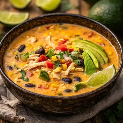 Delicious Creamy Chicken Enchilada Soup with black beans and corn.