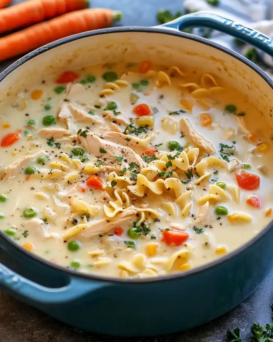 Delicious creamy chicken noodle soup in a pot.