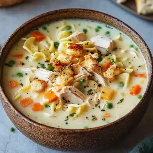 Delicious creamy chicken noodle soup, perfect comfort food.