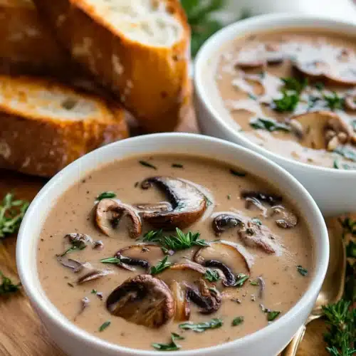 Delicious creamy mushroom soup in bowls, perfect for chilly evenings.