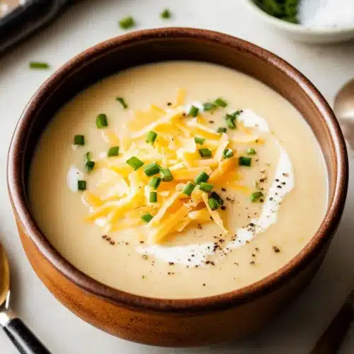 Delicious creamy potato soup ready to enjoy, featuring fresh toppings.