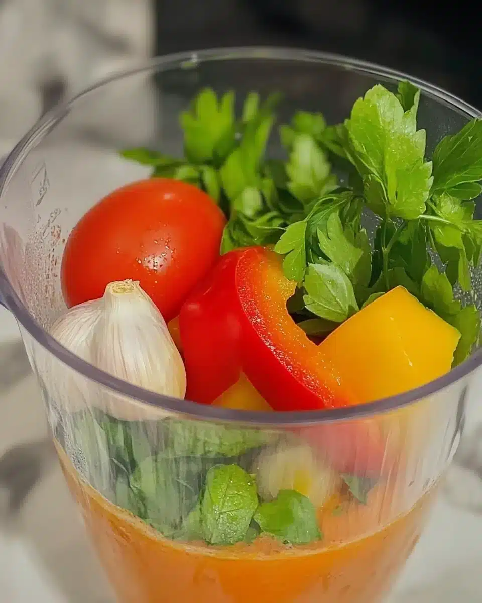 Ingredients for Creamy Roasted Tomato and Red Pepper Soup in a blender.